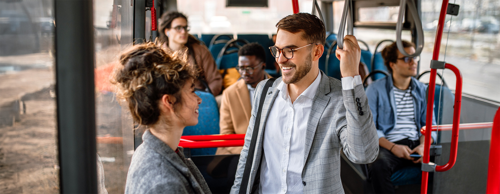 group of people commute to work by bus